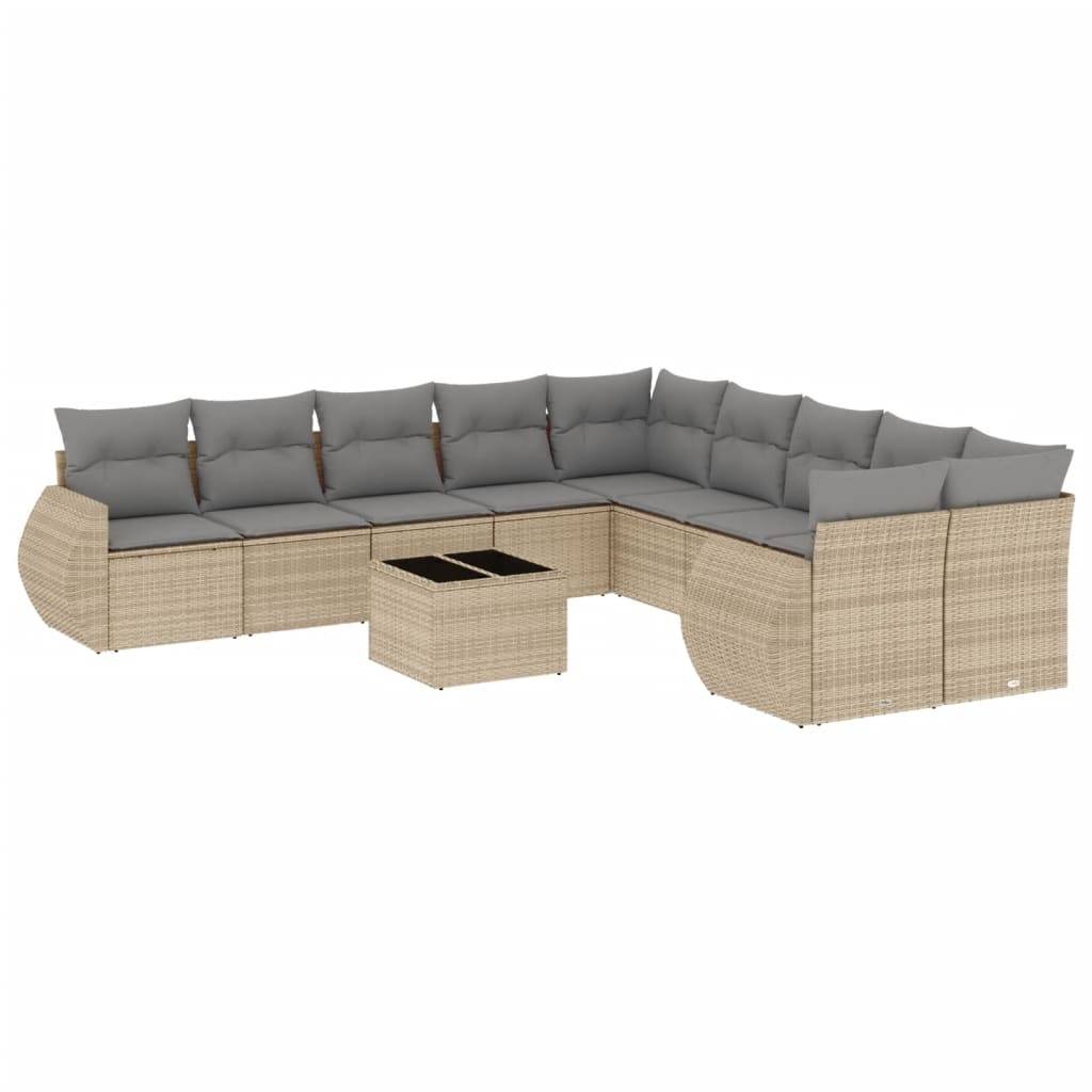 vidaXL 11-tlg. Garten-Sofagarnitur mit Kissen Beige Poly Rattan