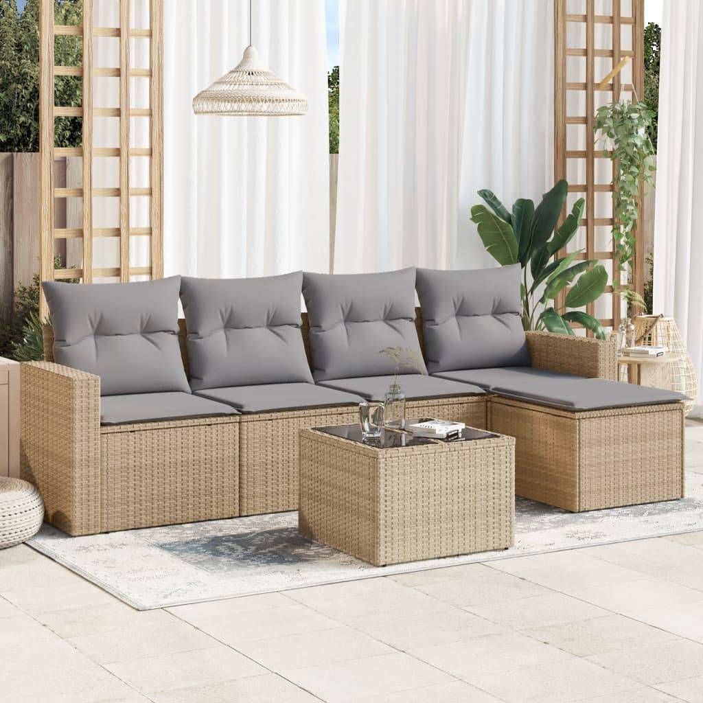 vidaXL 6-tlg. Garten-Sofagarnitur mit Kissen Beige Poly Rattan