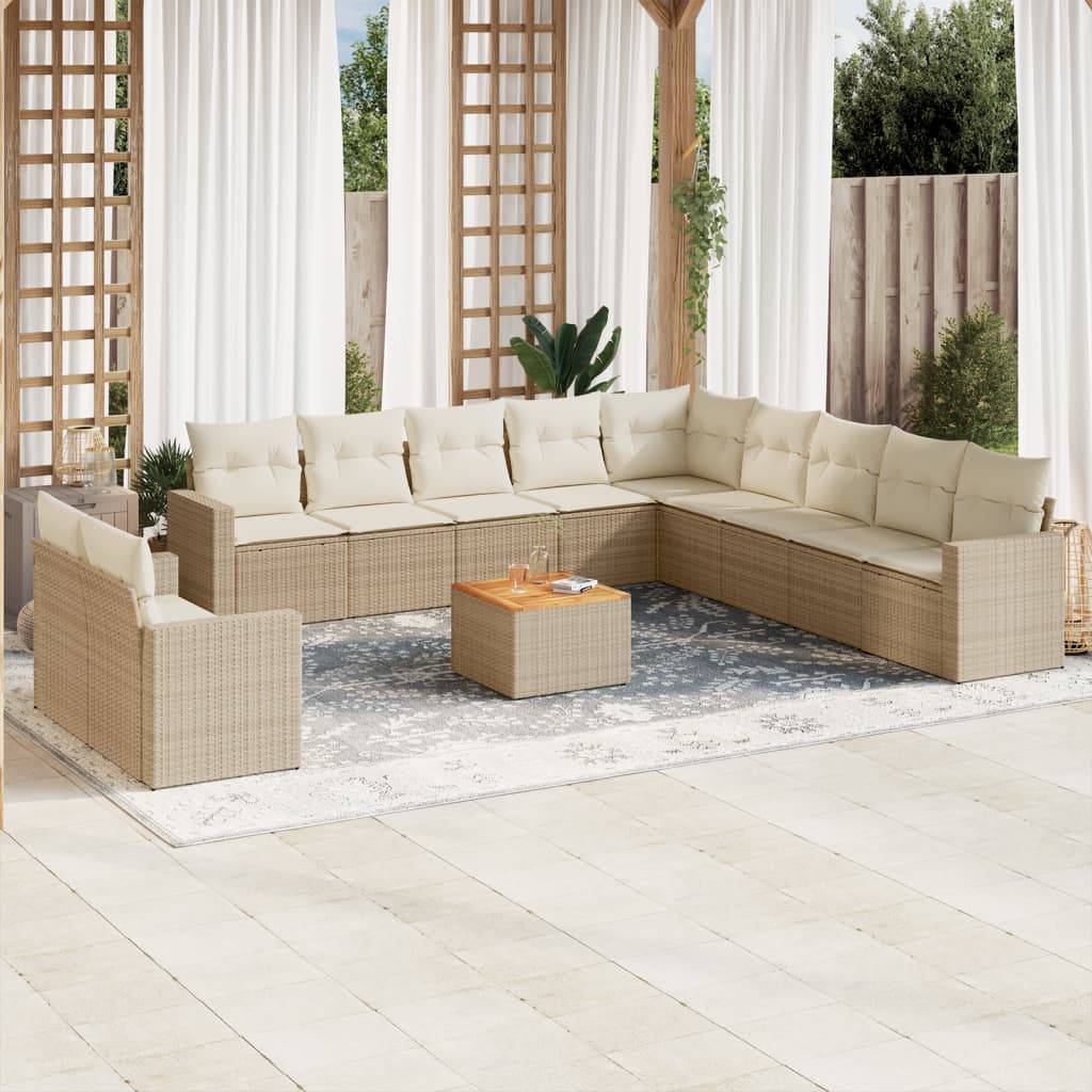vidaXL 12-tlg. Garten-Sofagarnitur mit Kissen Beige Poly Rattan