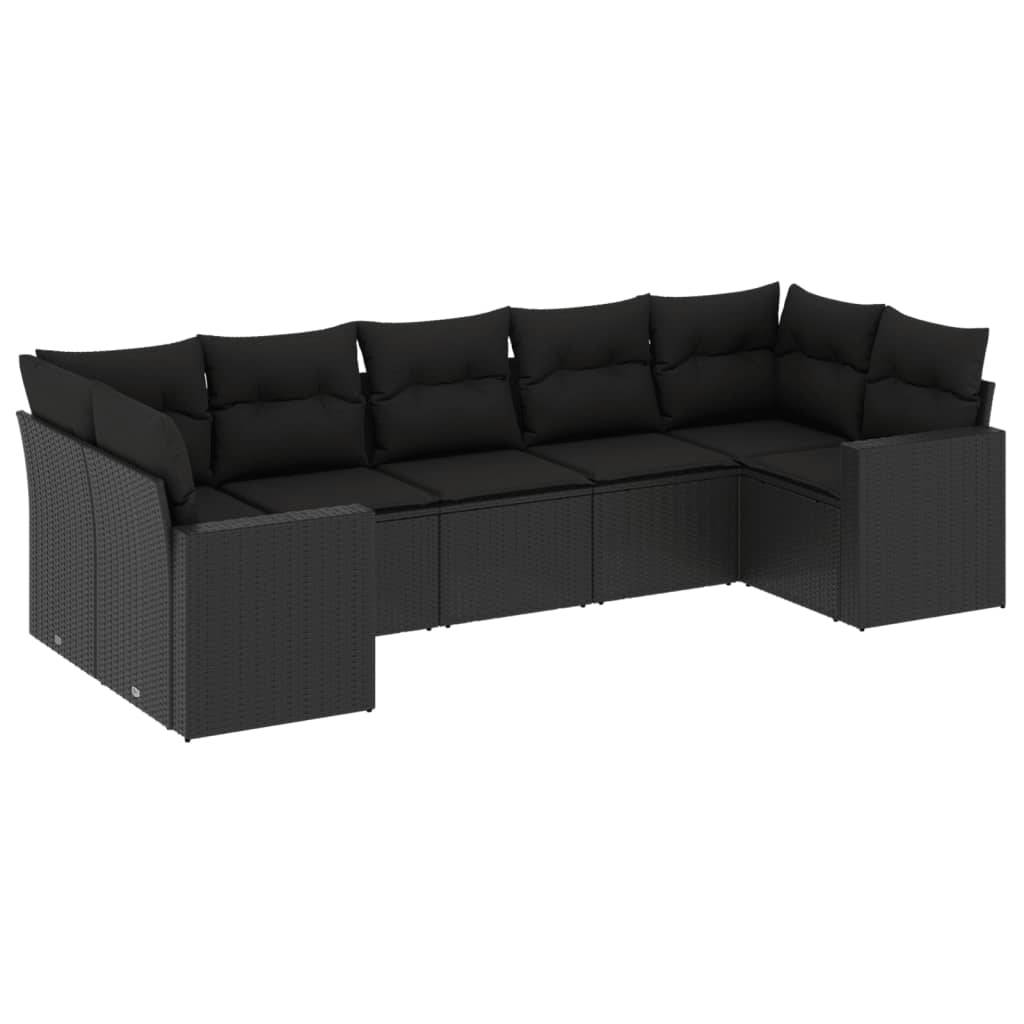 vidaXL 7-tlg. Garten-Sofagarnitur mit Kissen Schwarz Poly Rattan