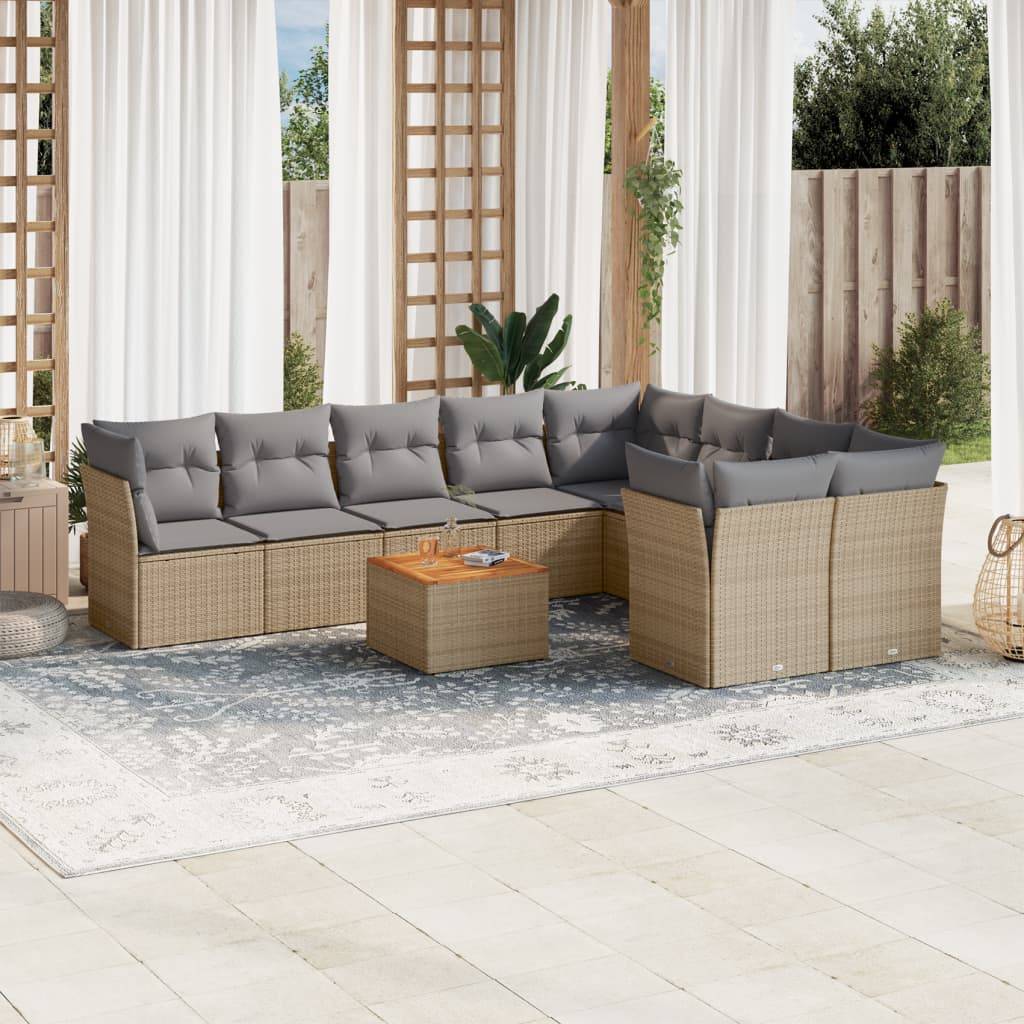 vidaXL 10-tlg. Garten-Sofagarnitur mit Kissen Beige Poly Rattan