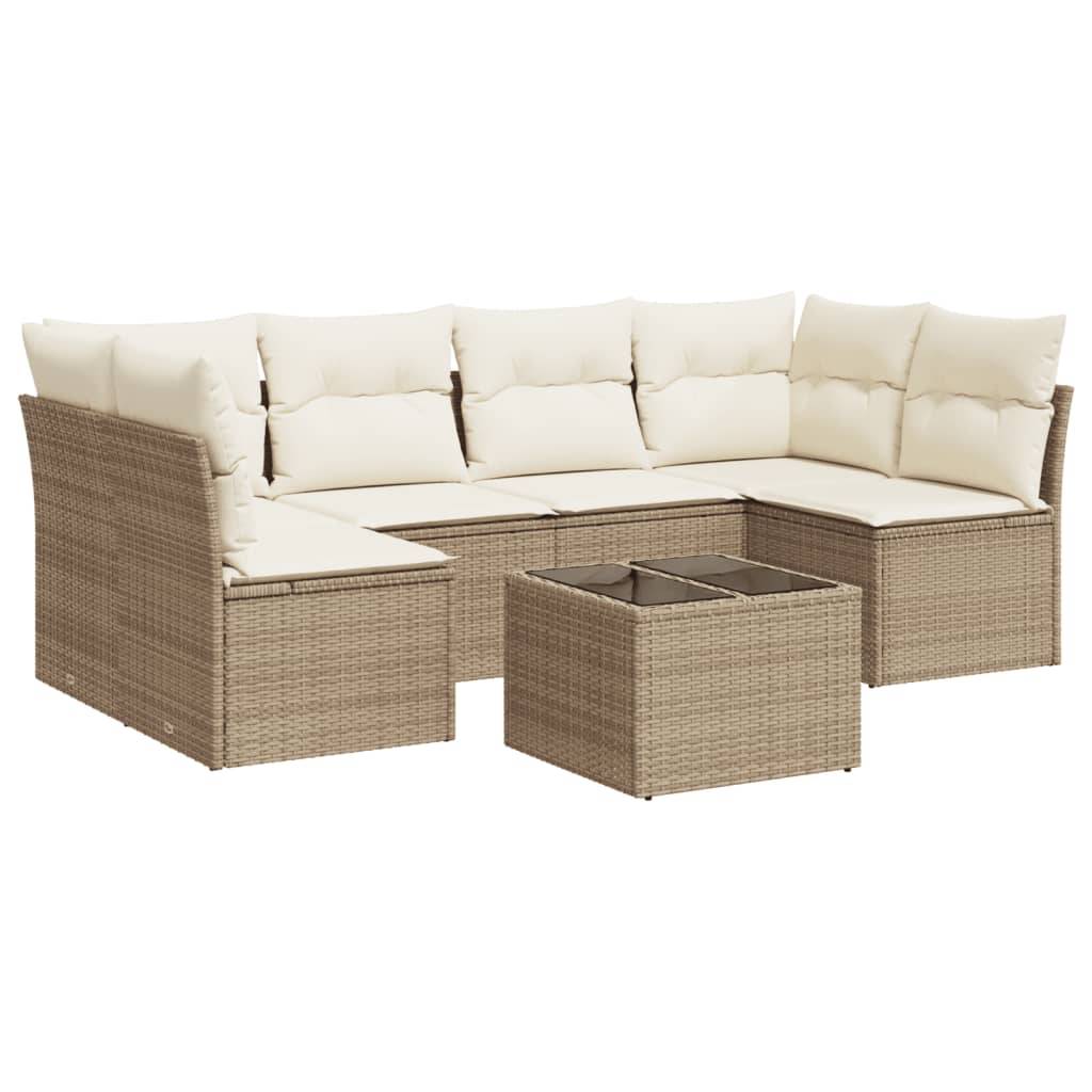 vidaXL 7-tlg. Garten-Sofagarnitur mit Kissen Beige Poly Rattan