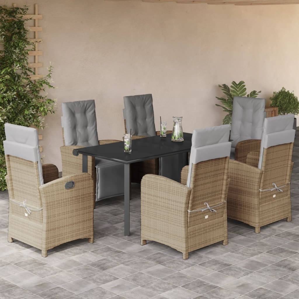 vidaXL 7-tlg. Garten-Essgruppe mit Kissen Beige Poly Rattan