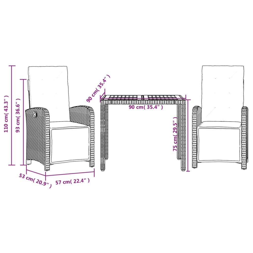 vidaXL 3-tlg. Bistro-Set mit Kissen Grau Poly Rattan