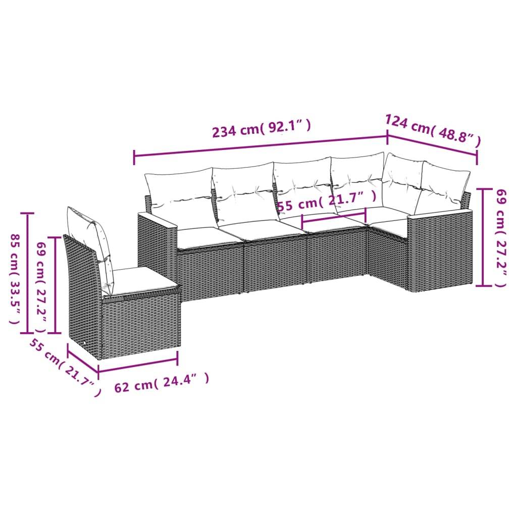 vidaXL 6-tlg. Garten-Sofagarnitur mit Kissen Grau Poly Rattan