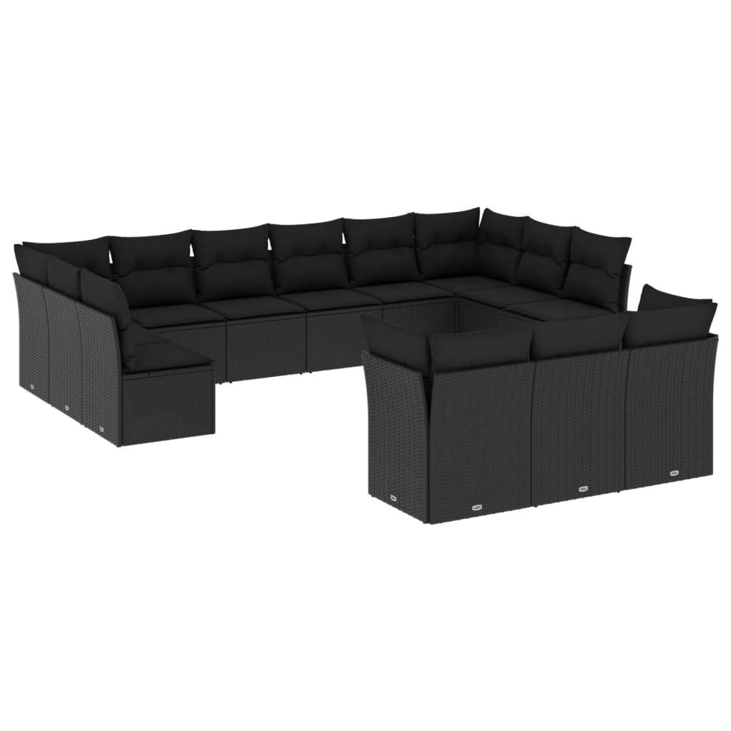 vidaXL 13-tlg. Garten-Sofagarnitur mit Kissen Schwarz Poly Rattan
