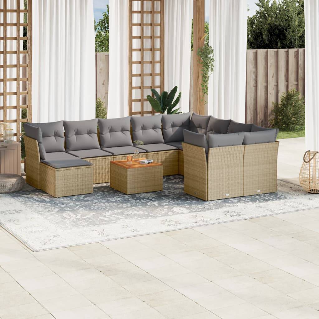 vidaXL 11-tlg. Garten-Sofagarnitur mit Kissen Beige Poly Rattan