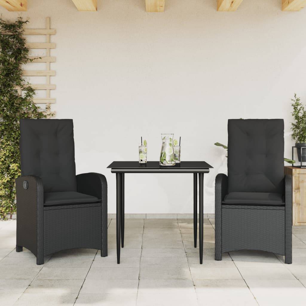 vidaXL 3-tlg. Garten-Essgruppe mit Kissen Schwarz Poly Rattan