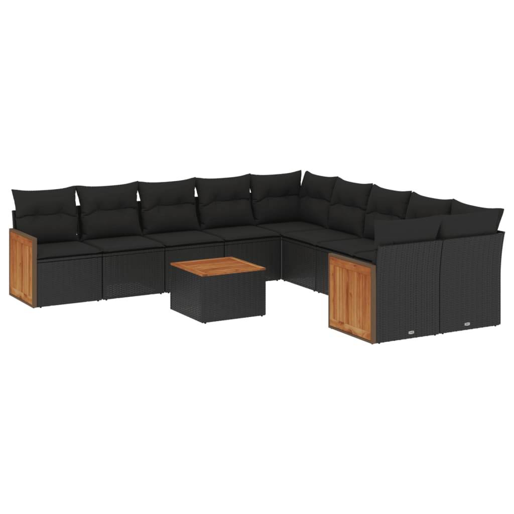 vidaXL 11-tlg. Garten-Sofagarnitur mit Kissen Schwarz Poly Rattan