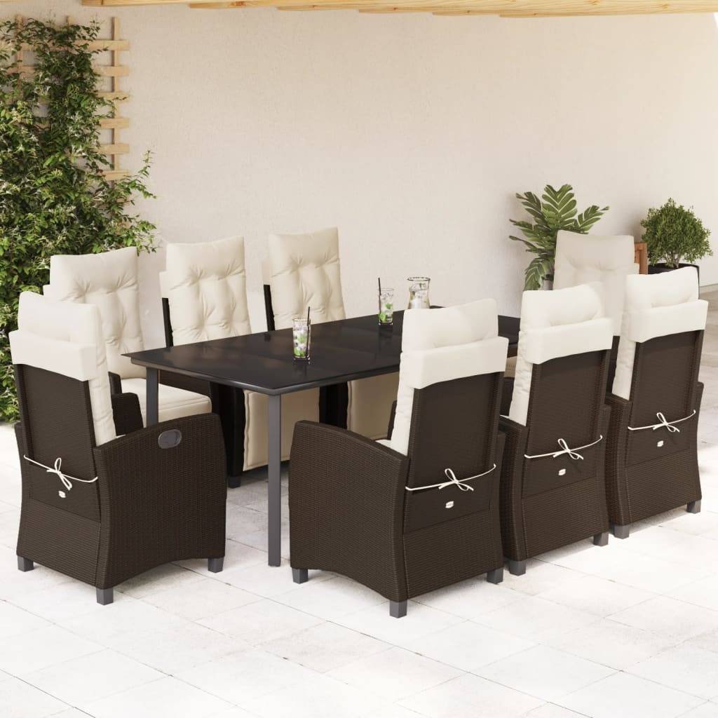 vidaXL 9-tlg. Garten-Essgruppe mit Kissen Braun Poly Rattan