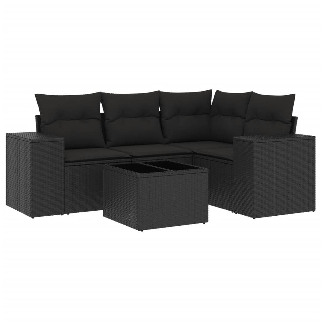 vidaXL 5-tlg. Garten-Sofagarnitur mit Kissen Schwarz Poly Rattan