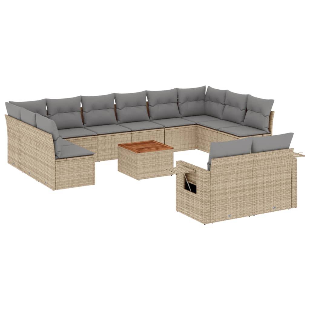 vidaXL 13-tlg. Garten-Sofagarnitur mit Kissen Beige Poly Rattan