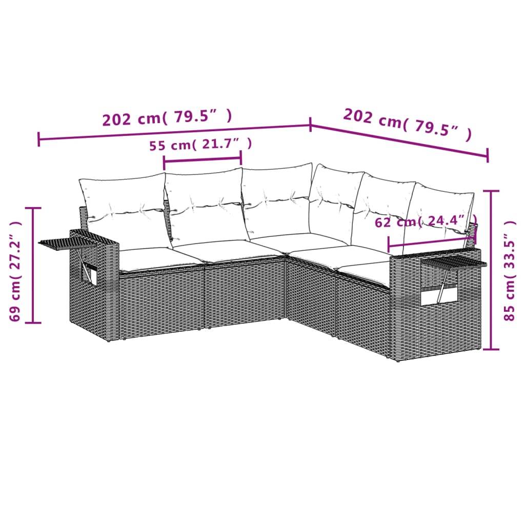 vidaXL 5-tlg. Garten-Sofagarnitur mit Kissen Hellgrau Poly Rattan