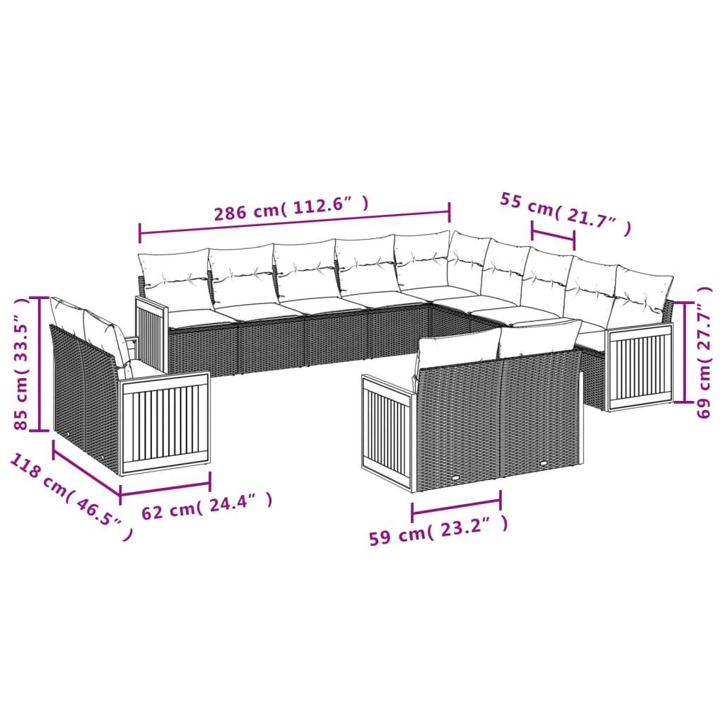 vidaXL 13-teiliges Gartensofa-Set mit Kissen, grau, Polyrattan