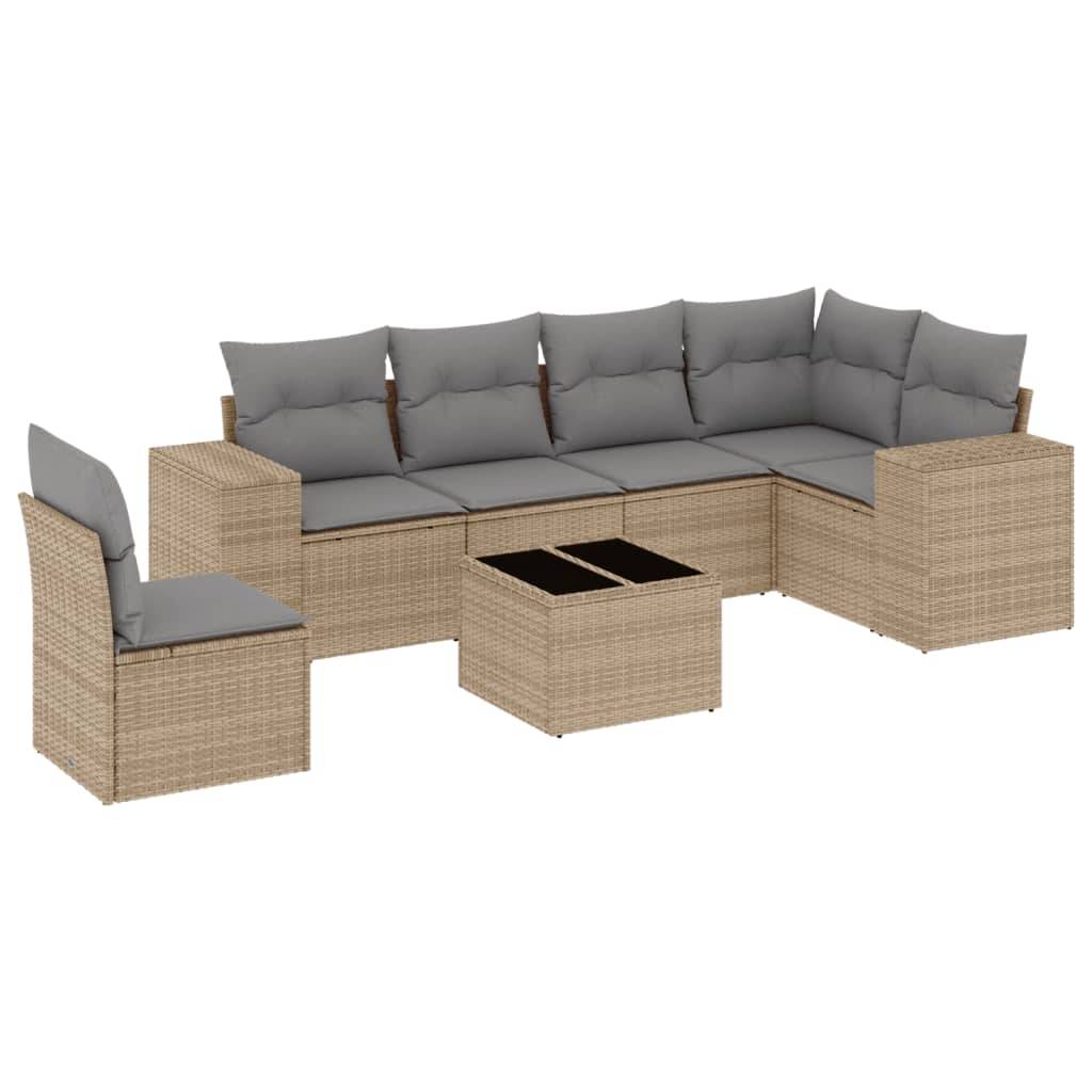 vidaXL 7-tlg. Garten-Sofagarnitur mit Kissen Beige Poly Rattan