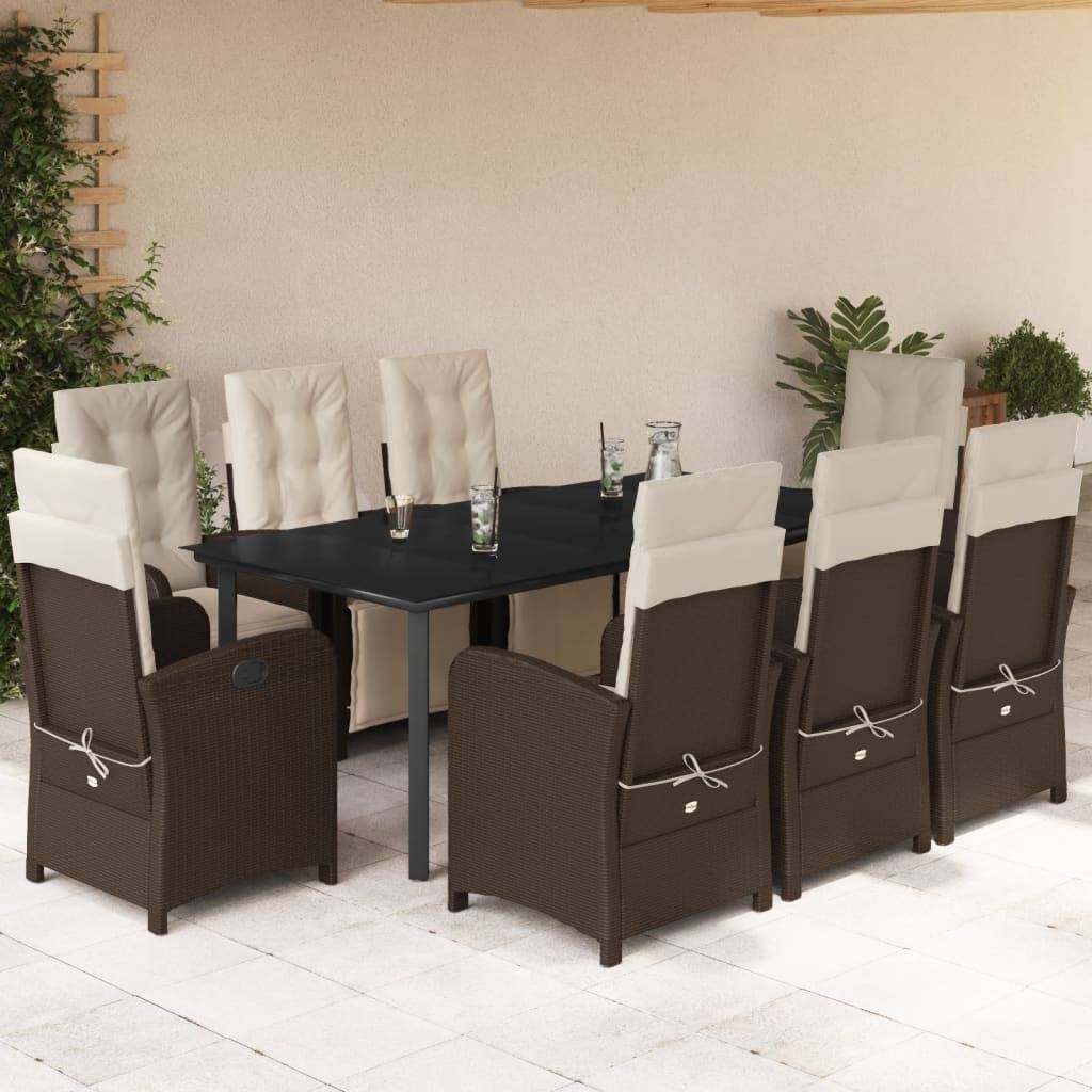 vidaXL 9-tlg. Garten-Essgruppe mit Kissen Braun Poly Rattan