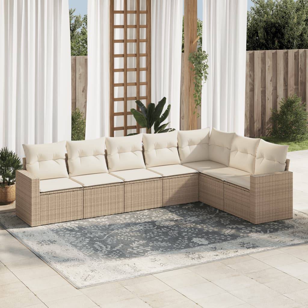vidaXL 7-tlg. Garten-Sofagarnitur mit Kissen Beige Poly Rattan