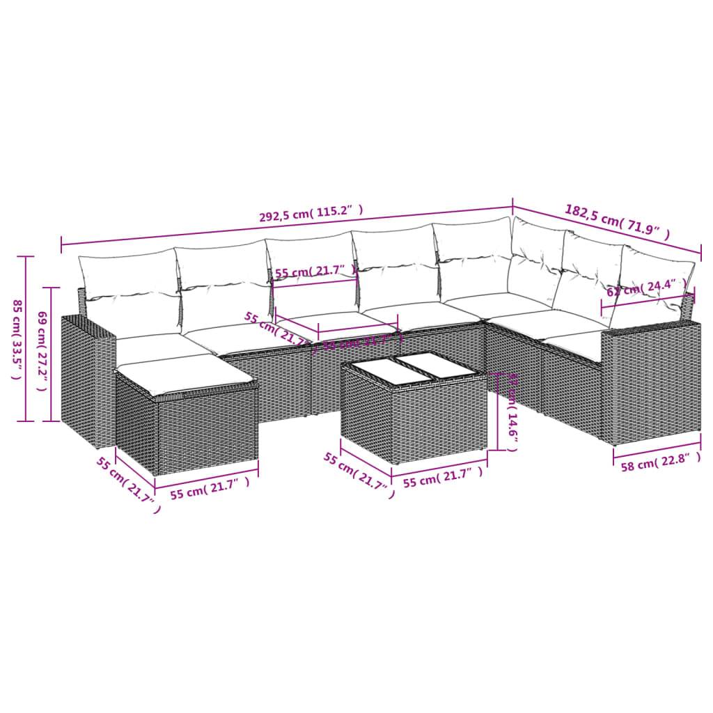 vidaXL 9-tlg. Garten-Sofagarnitur mit Kissen Schwarz Poly Rattan