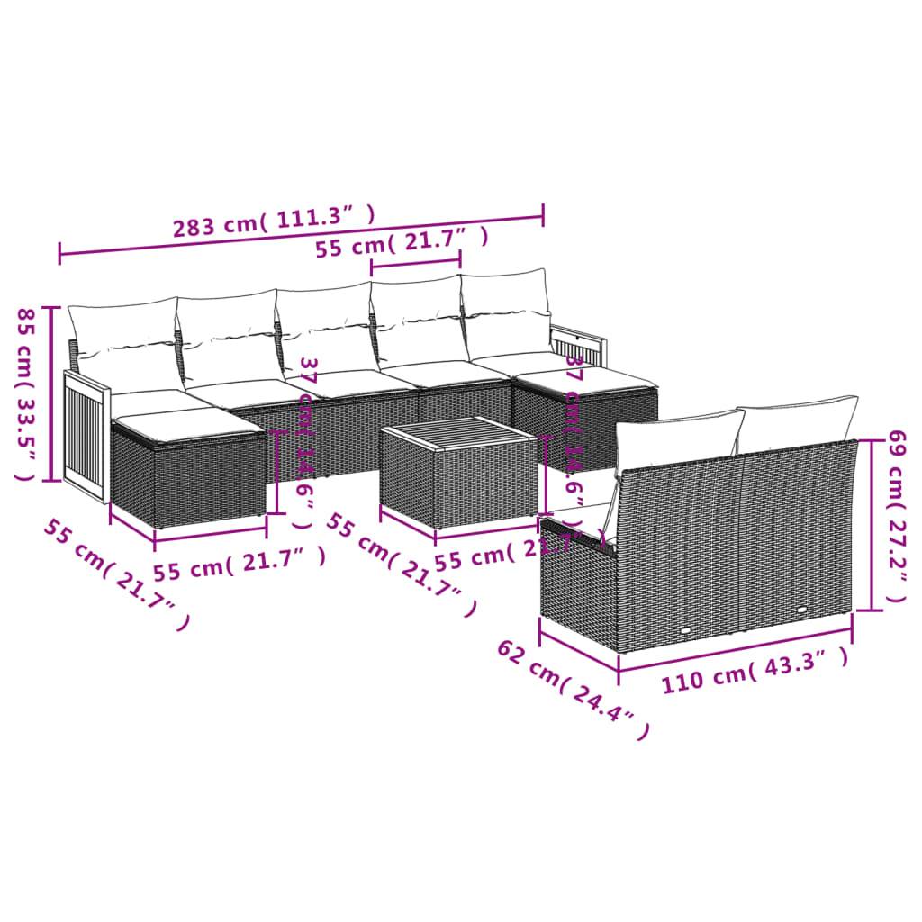vidaXL 10-teiliges Gartensofa-Set mit Kissen, grau, Polyrattan