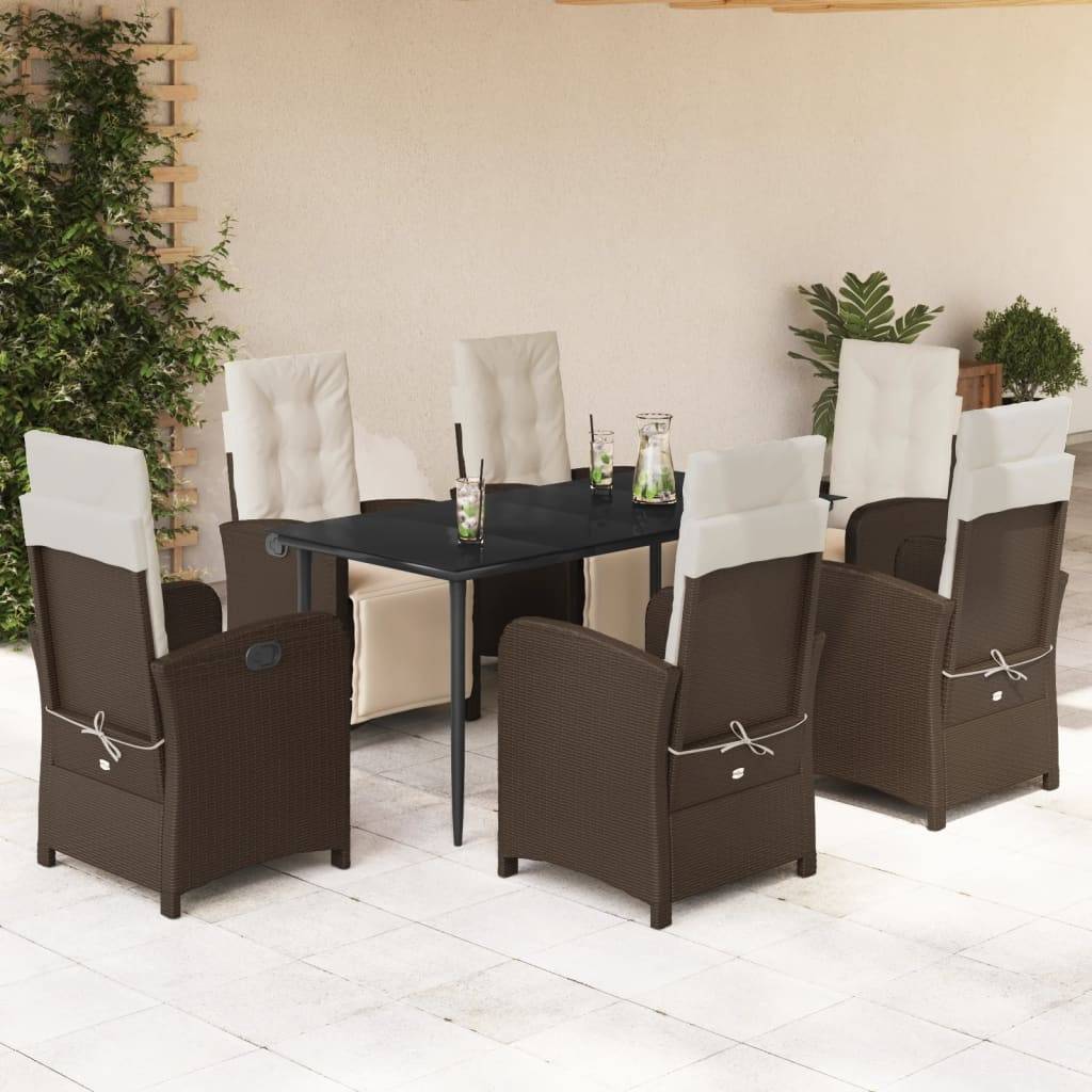 vidaXL 7-tlg. Garten-Essgruppe mit Kissen Braun Poly Rattan