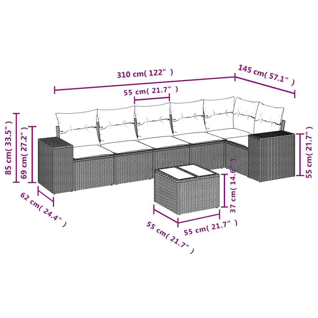 vidaXL 7-teiliges Gartensofa-Set mit Kissen, braun, Polyrattan