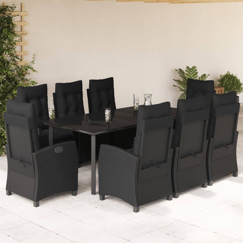 vidaXL 9-tlg. Garten-Essgruppe mit Kissen Schwarz Poly Rattan