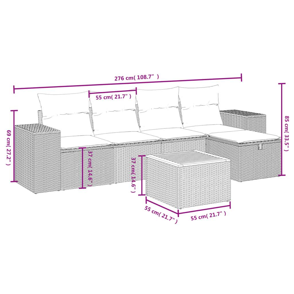 vidaXL 6-tlg. Garten-Sofagarnitur mit Kissen Schwarz Poly Rattan