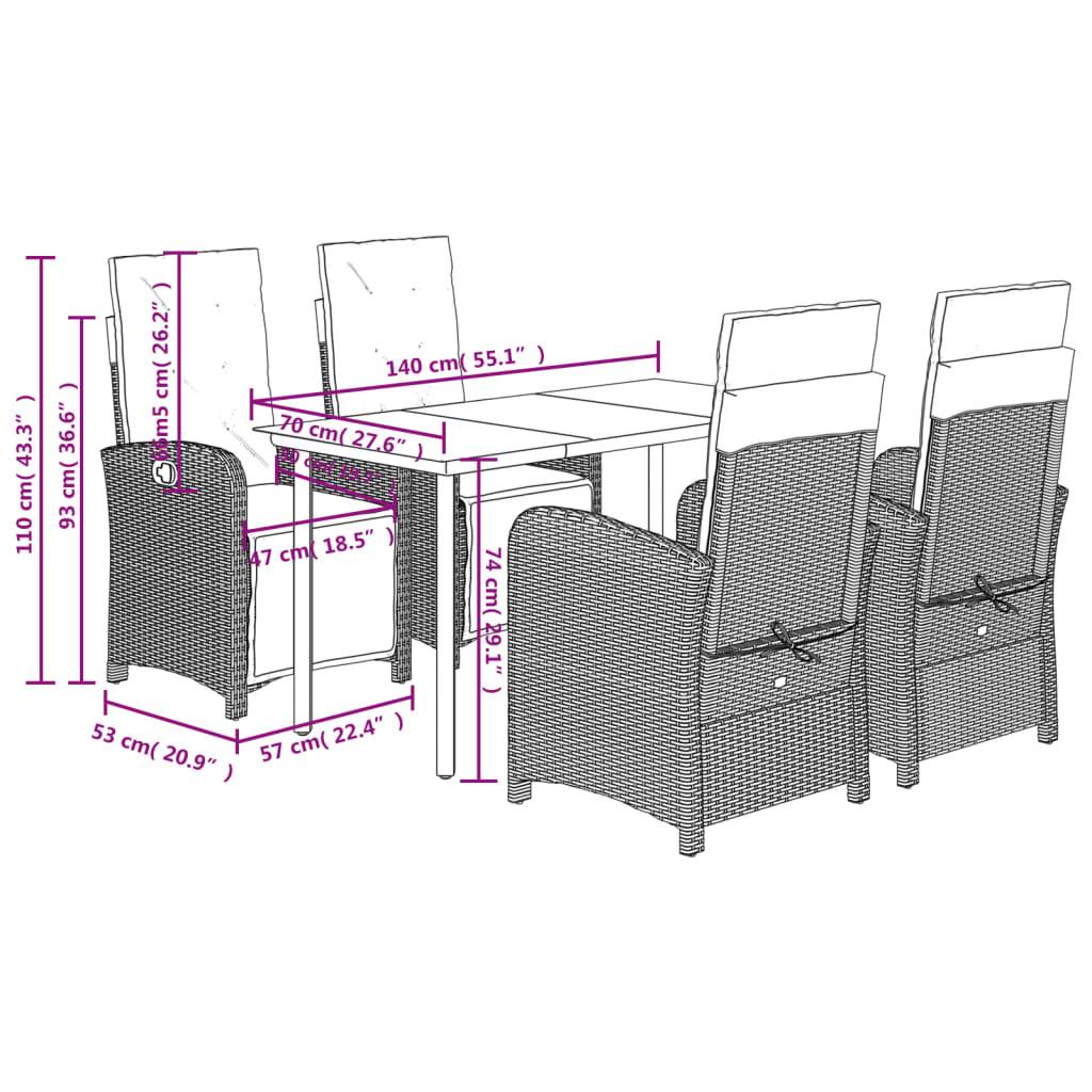 vidaXL 5-tlg. Garten-Essgruppe mit Kissen Hellgrau Poly Rattan
