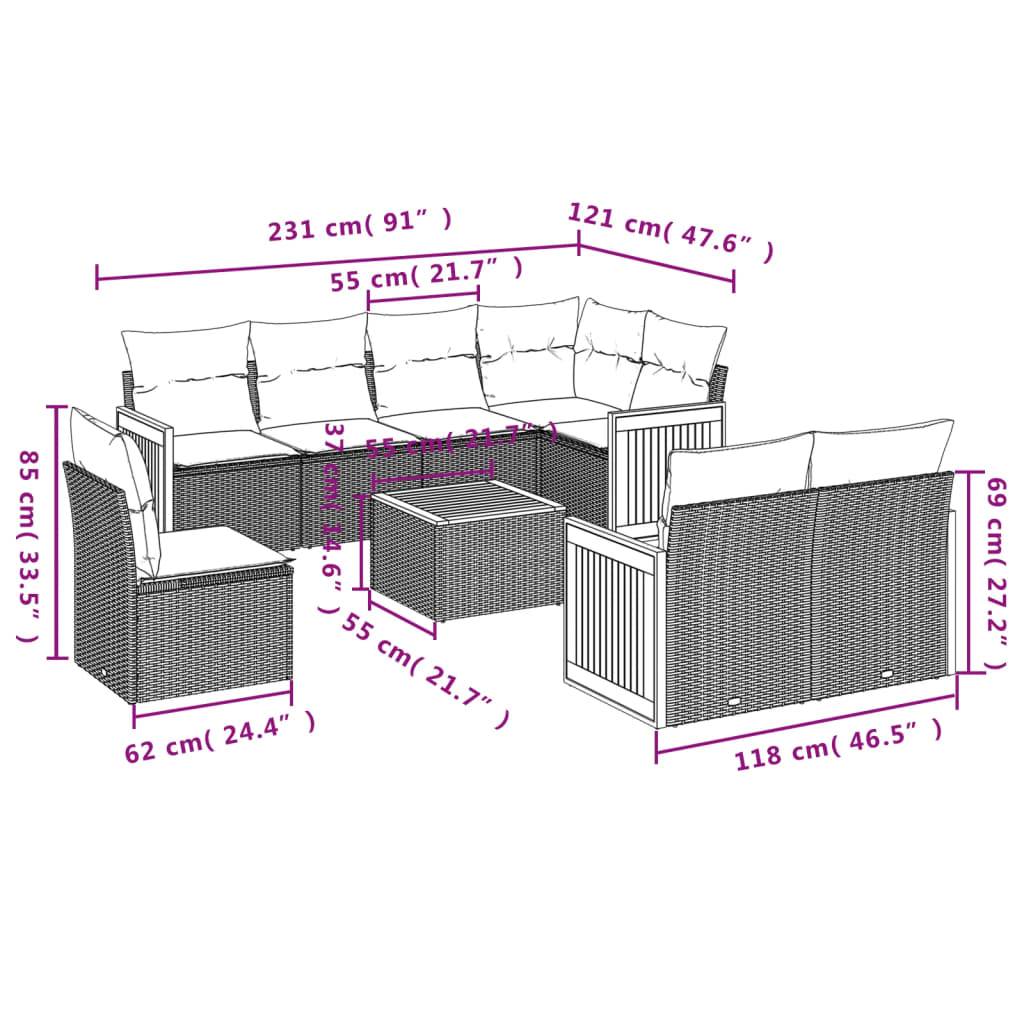 vidaXL 9-teiliges Gartensofa-Set mit Kissen, grau, Polyrattan