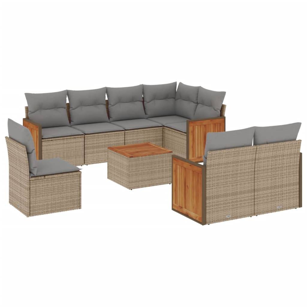 vidaXL 9-tlg. Garten-Sofagarnitur mit Kissen Beige Poly Rattan