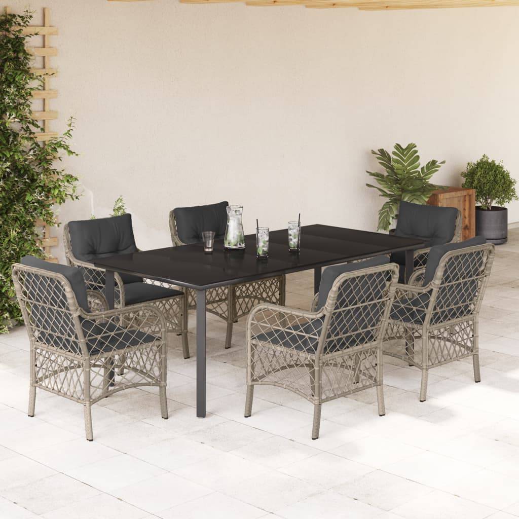 vidaXL 7-tlg. Garten-Essgruppe mit Kissen Hellgrau Poly Rattan