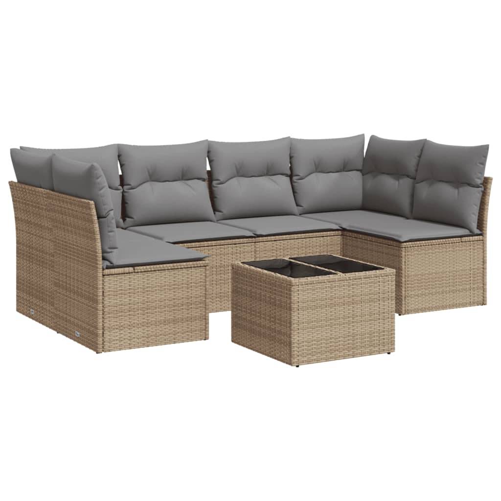 vidaXL 7-tlg. Garten-Sofagarnitur mit Kissen Beige Poly Rattan