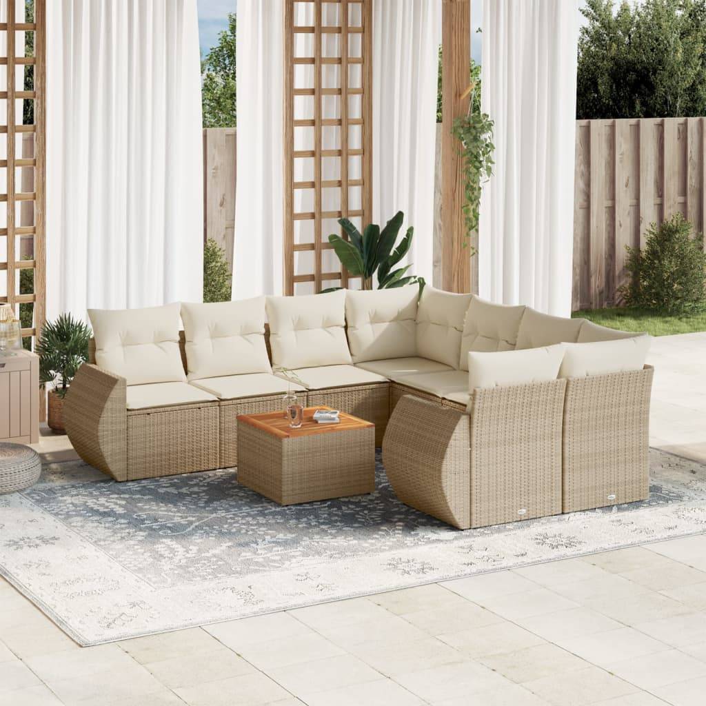 vidaXL 9-tlg. Garten-Sofagarnitur mit Kissen Beige Poly Rattan