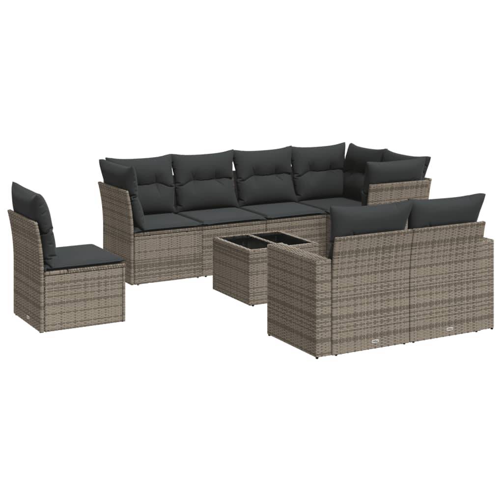vidaXL 9-tlg. Garten-Sofagarnitur mit Kissen Grau Poly Rattan