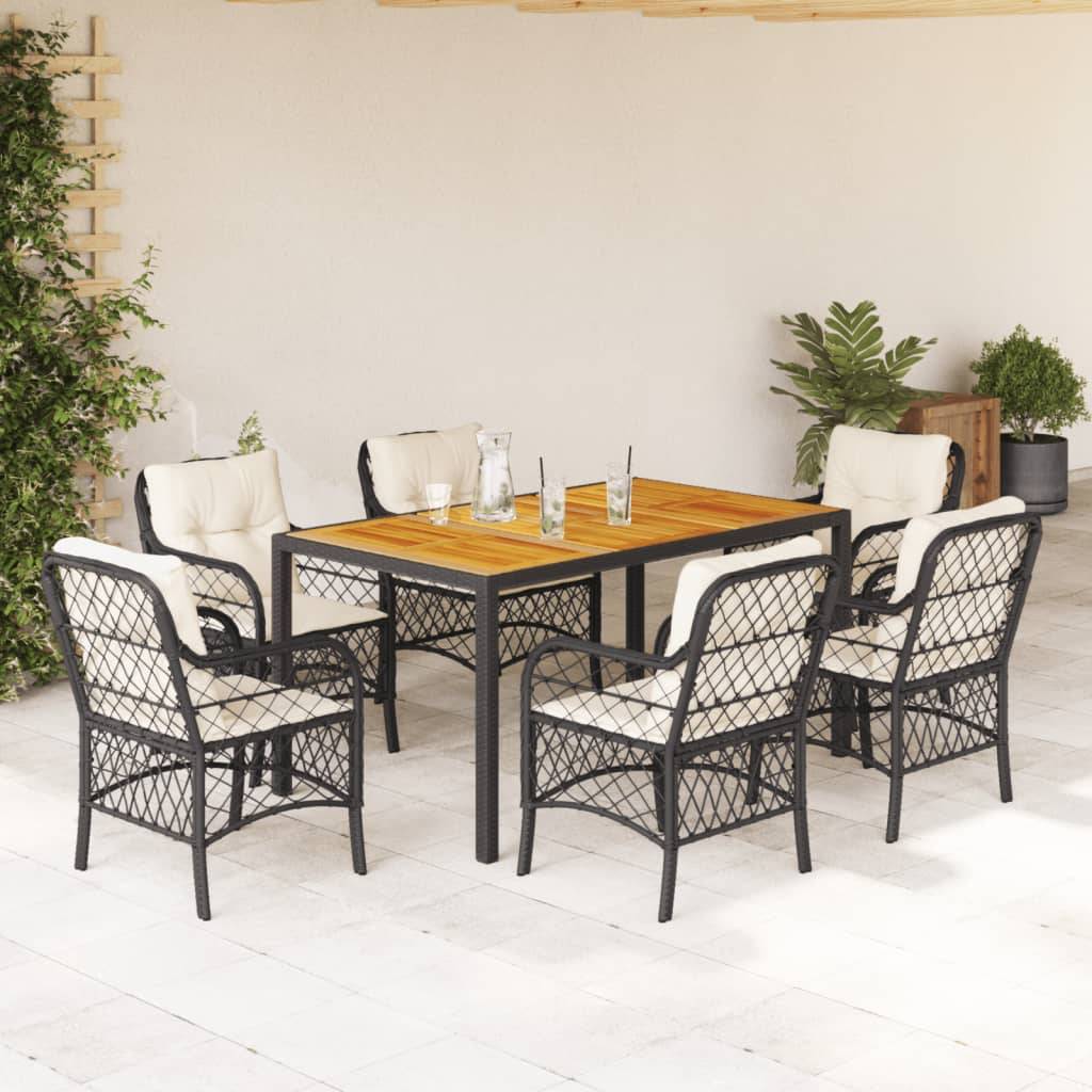 vidaXL 7-tlg. Garten-Essgruppe mit Kissen Schwarz Poly Rattan