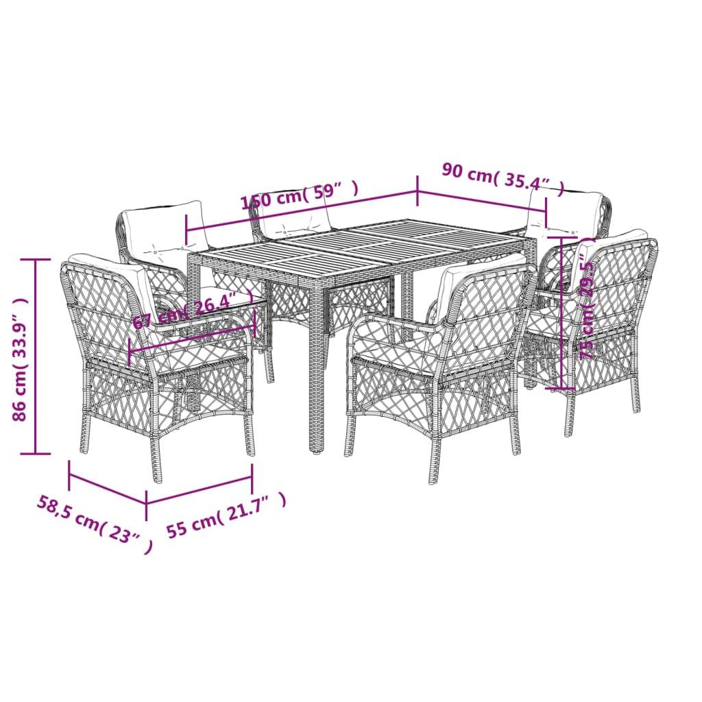 vidaXL 7-tlg. Garten-Essgruppe mit Kissen Schwarz Poly Rattan