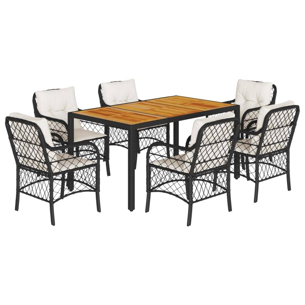 vidaXL 7-tlg. Garten-Essgruppe mit Kissen Schwarz Poly Rattan