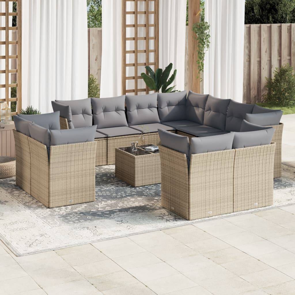 vidaXL 12-tlg. Garten-Sofagarnitur mit Kissen Beige Poly Rattan