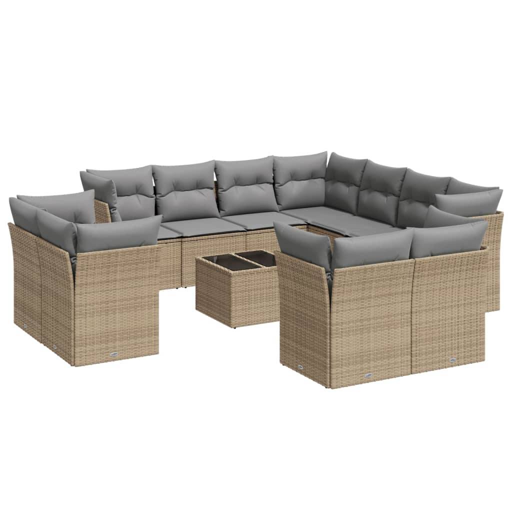 vidaXL 12-tlg. Garten-Sofagarnitur mit Kissen Beige Poly Rattan
