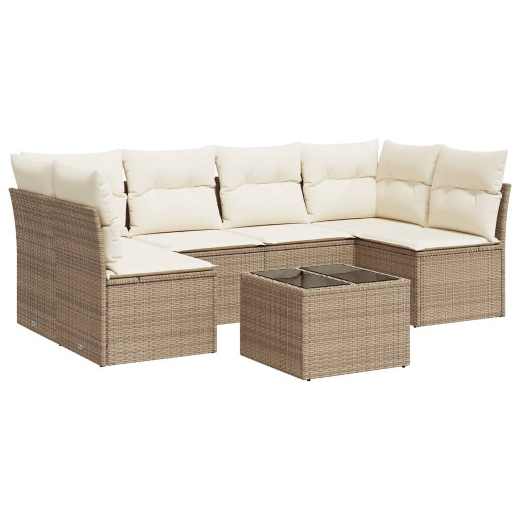 vidaXL 7-tlg. Garten-Sofagarnitur mit Kissen Beige Poly Rattan
