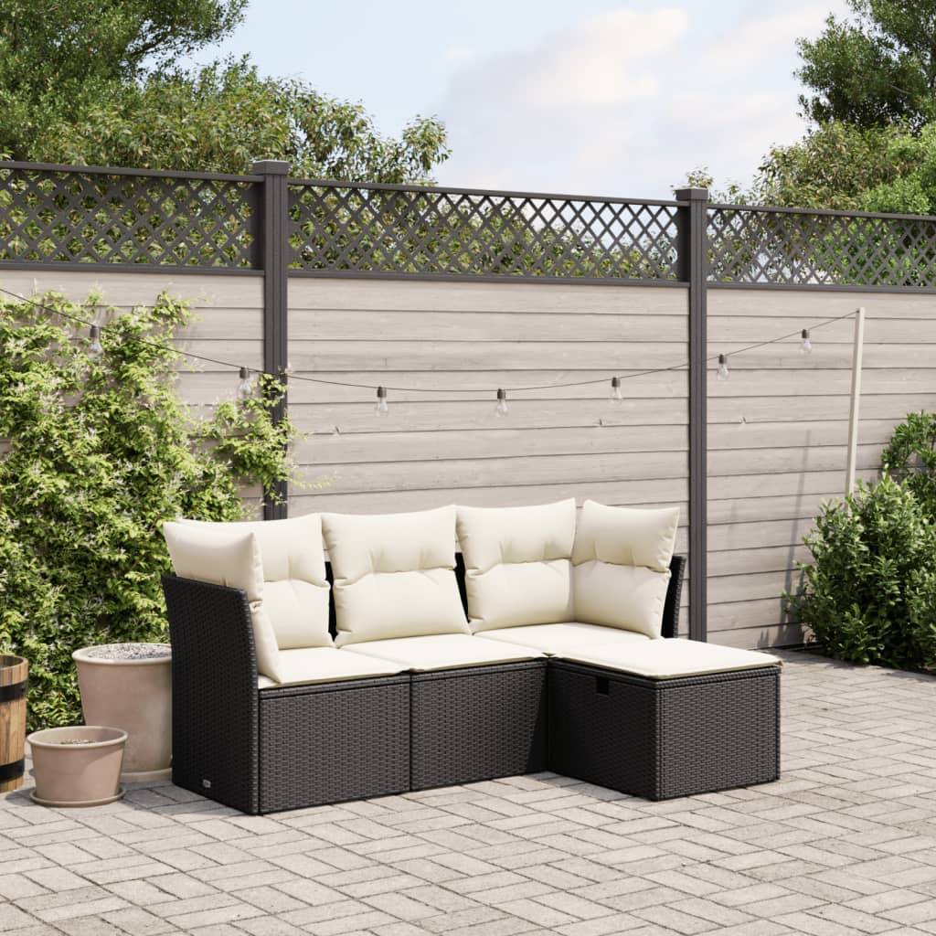 vidaXL 4-tlg. Garten-Sofagarnitur mit Kissen Schwarz Poly Rattan