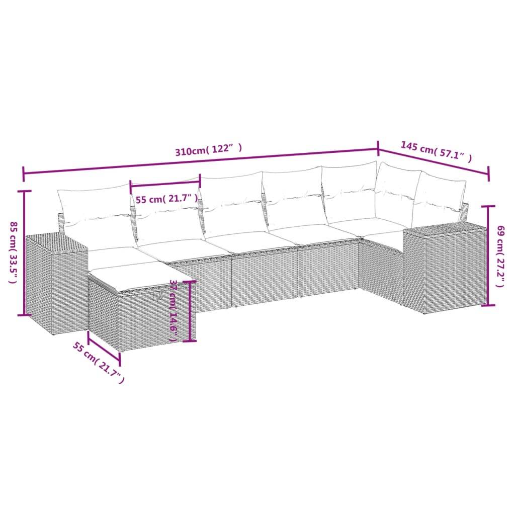 vidaXL 7-tlg. Garten-Sofagarnitur mit Kissen Schwarz Poly Rattan