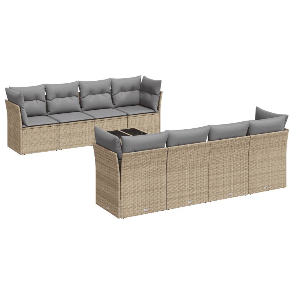 vidaXL 9-tlg. Garten-Sofagarnitur mit Kissen Beige Poly Rattan