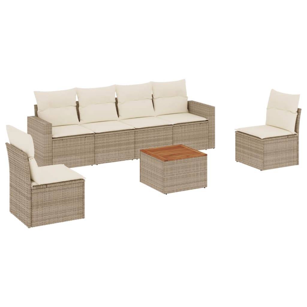 vidaXL 7-tlg. Garten-Sofagarnitur mit Kissen Beige Poly Rattan