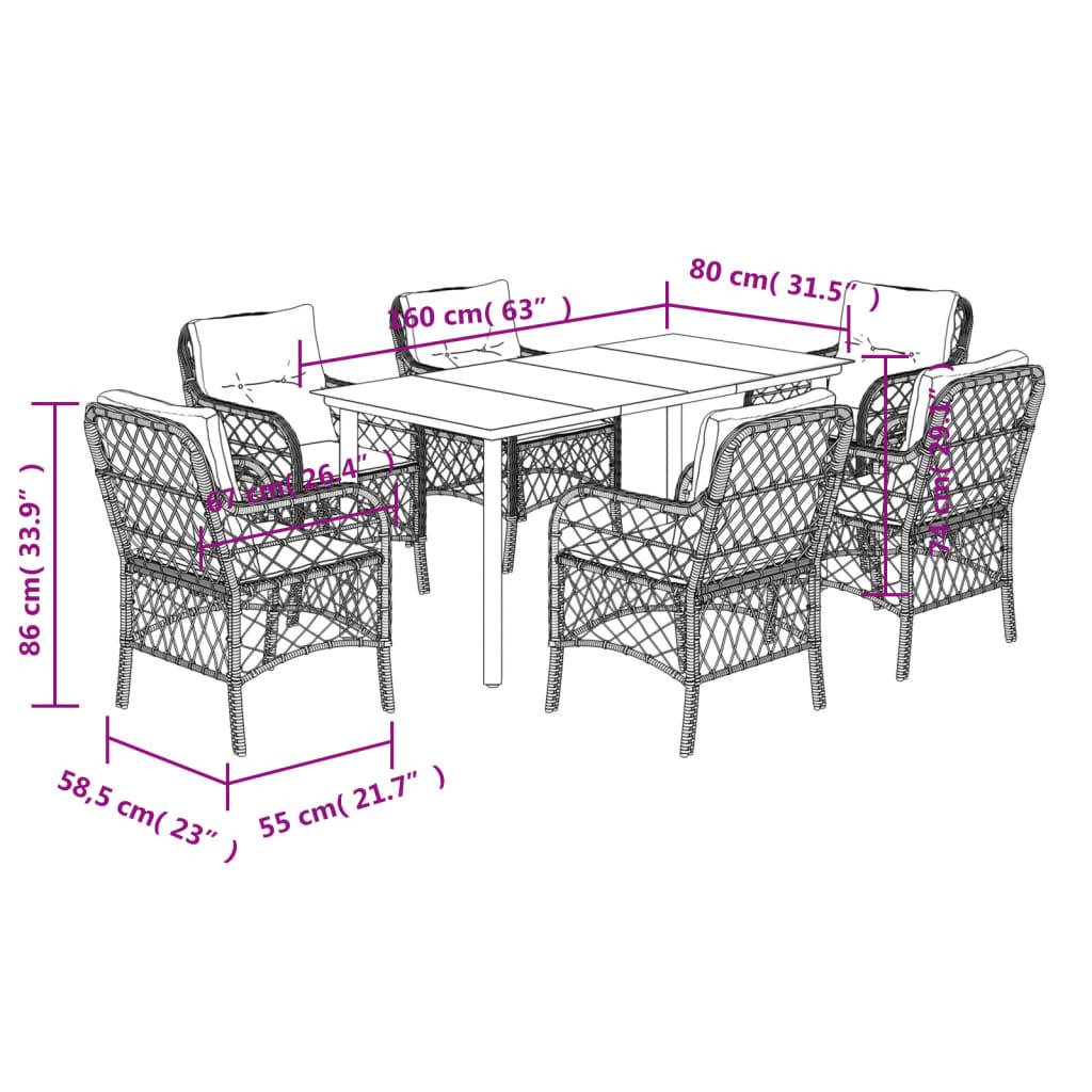 vidaXL 7-tlg. Garten-Essgruppe mit Kissen Schwarz Poly Rattan
