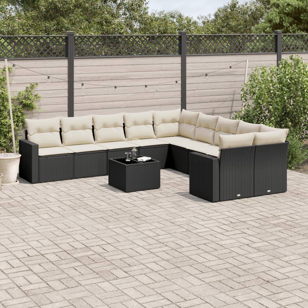 vidaXL 11-tlg. Garten-Sofagarnitur mit Kissen Schwarz Poly Rattan