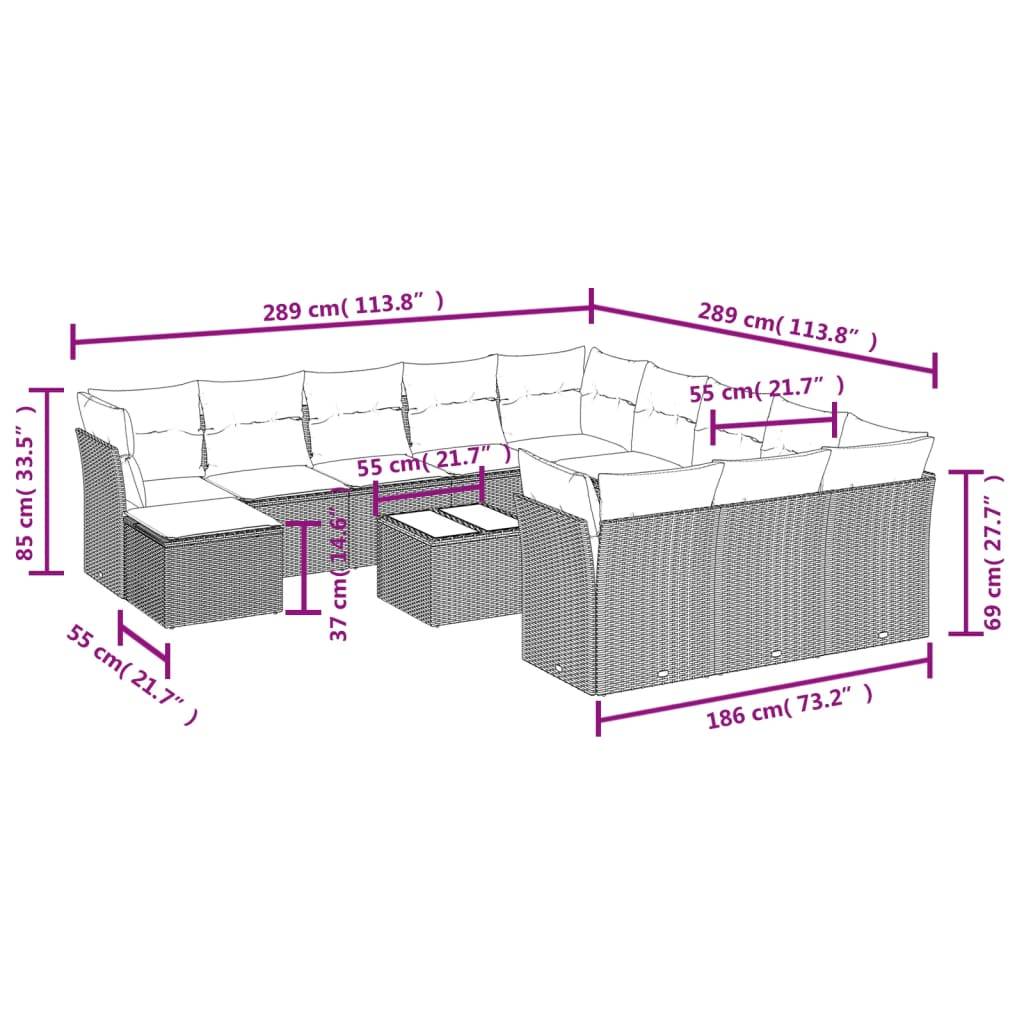 vidaXL 13-tlg. Garten-Sofagarnitur mit Kissen Grau Poly Rattan