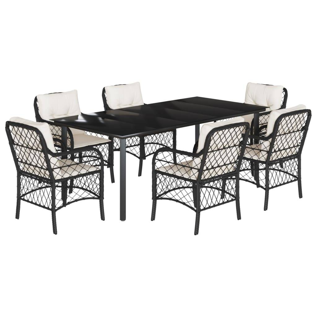 vidaXL 7-tlg. Garten-Essgruppe mit Kissen Schwarz Poly Rattan