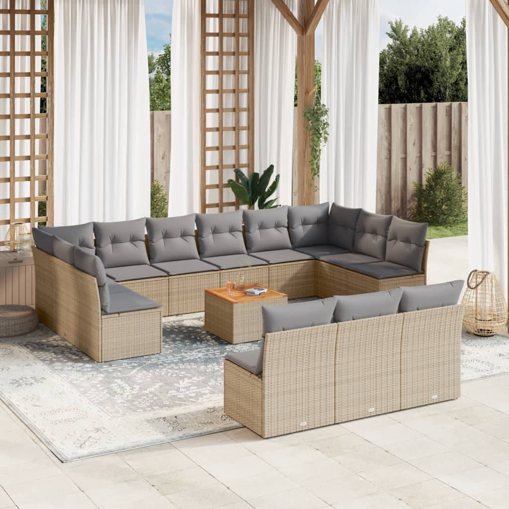 vidaXL 14-tlg. Garten-Sofagarnitur mit Kissen Beige Poly Rattan