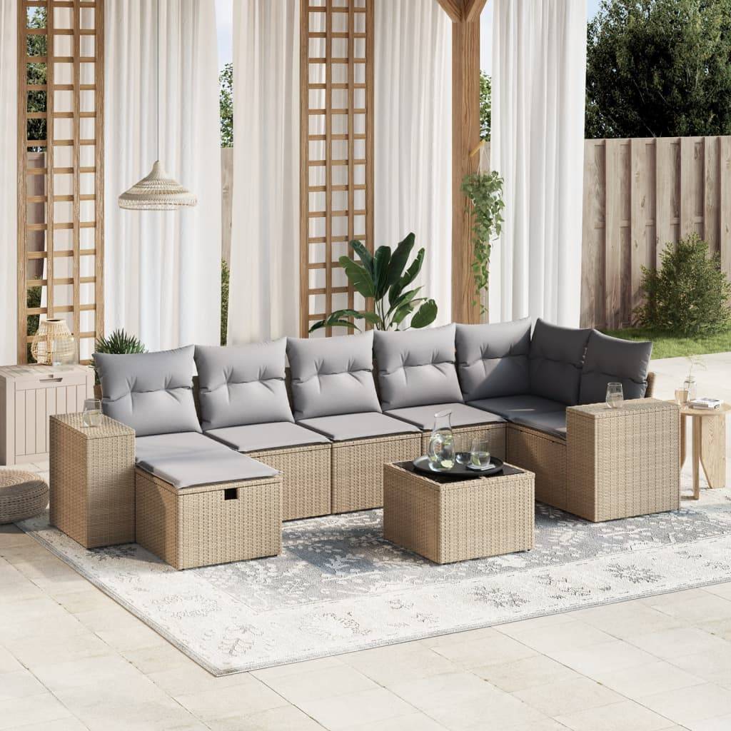 vidaXL 8-tlg. Garten-Sofagarnitur mit Kissen Beige Poly Rattan